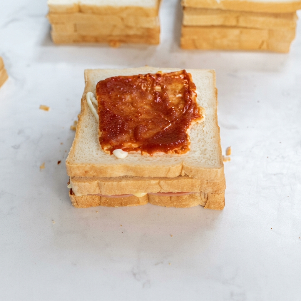 Salsa per insalata applicata a linee zig-zag su una cotoletta di pollo marinata allOrlean sul pane a strati.