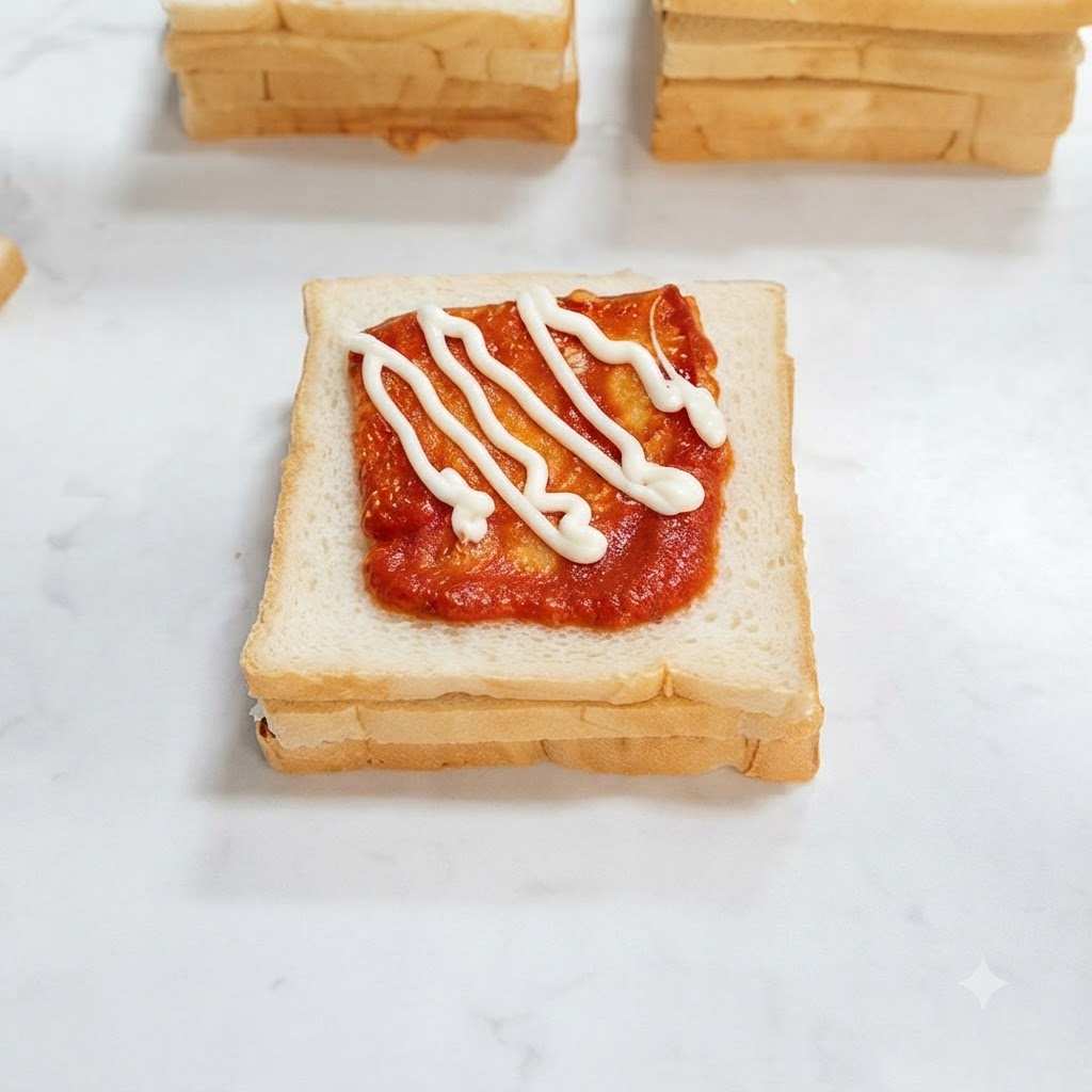 La fetta più alto di pane bianco per sandwich premuta sulla pila assemblata.