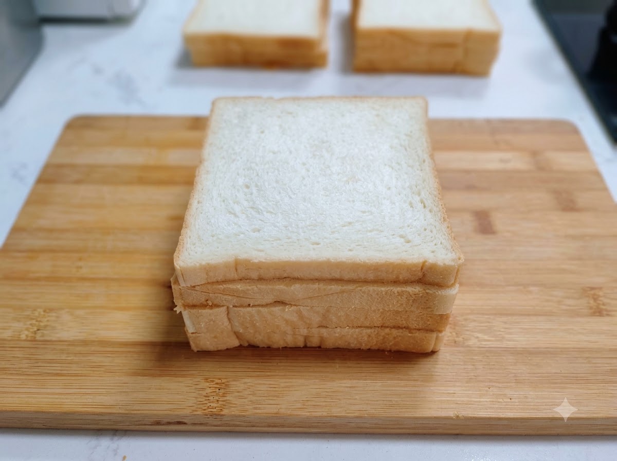 Un panino multistrato assemblato poggiato su un tagliere di legno pronto per la rifinitura.