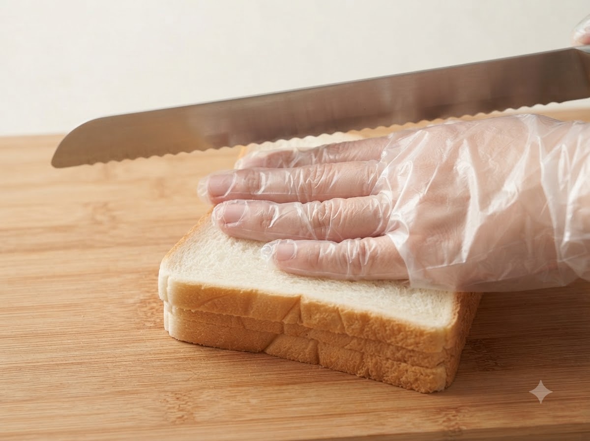 Una mano guantata che tiene un coltello seghettato per rifinire i bordi degli angoli di un panino impilato.