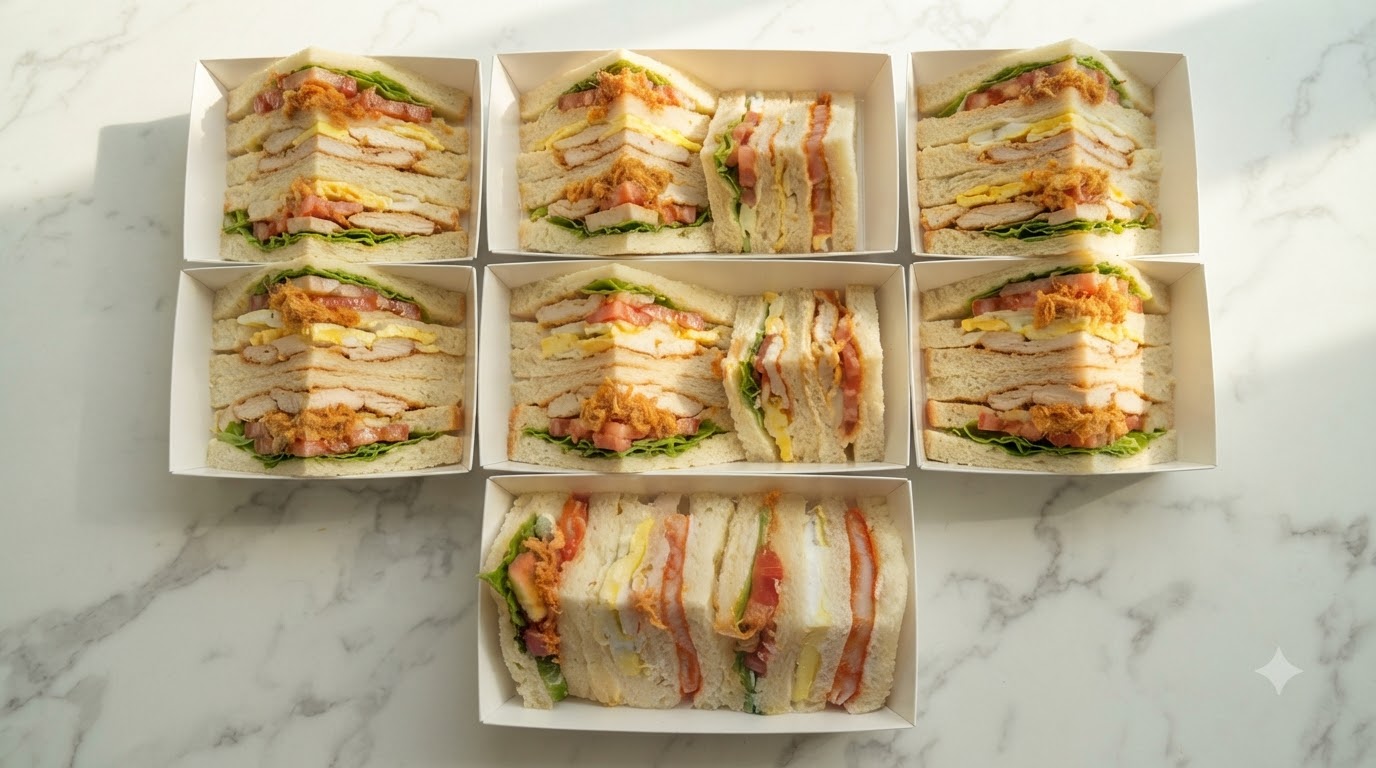 Primo piano ravvicinato di più scatole di carta bianca ordinatamente confezionate e piene di panini triangolari multistrato con frutta e verdura.