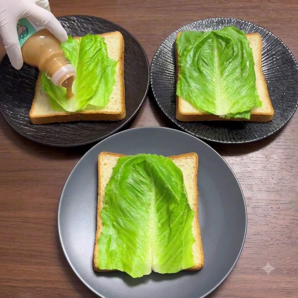 Una mano guantata che spreme il condimento per insalata a zero grassi da una bottiglia sullo strato di insalata di un panino.