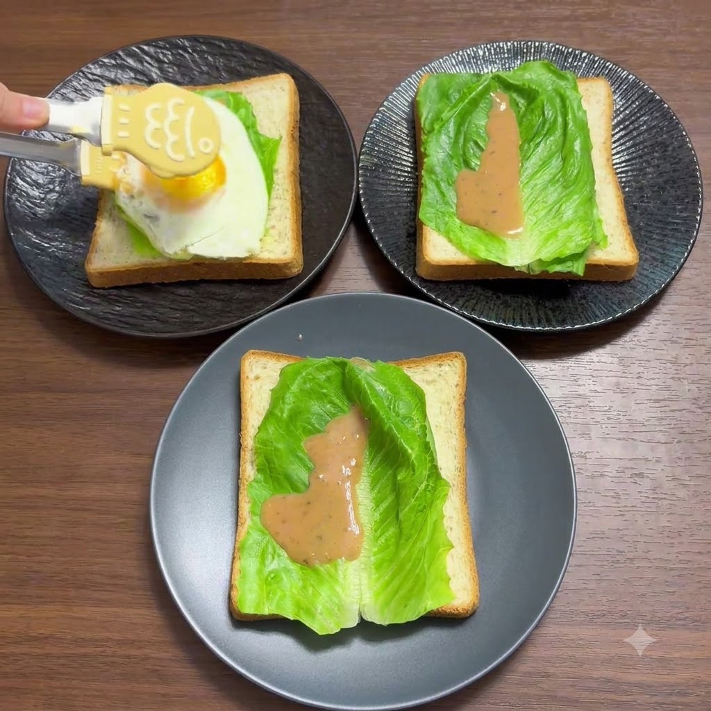 Una coppia di pinze da cucina gialle che posizionano un uovo cotto con tuorlo morbido sullo strato di insalata e condimento.