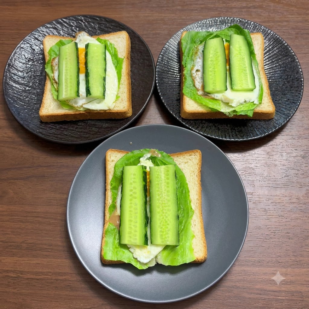 Tre fette di pane integrale preparate con insalata, un uovo fritto e fette di cetriolo.