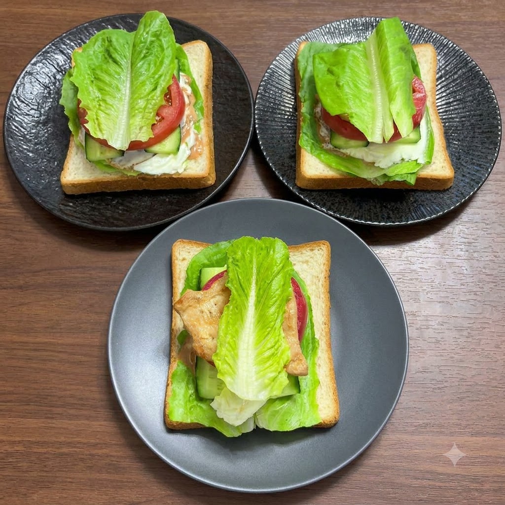 Panini guarniti con un ultimo strato di foglie di insalata fresca.