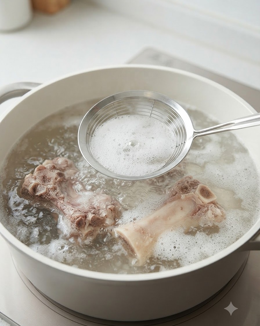 Una schiumarola di metallo che rimuove la schiuma dallacqua bollente con le costine di maiale in una pentola bianca.