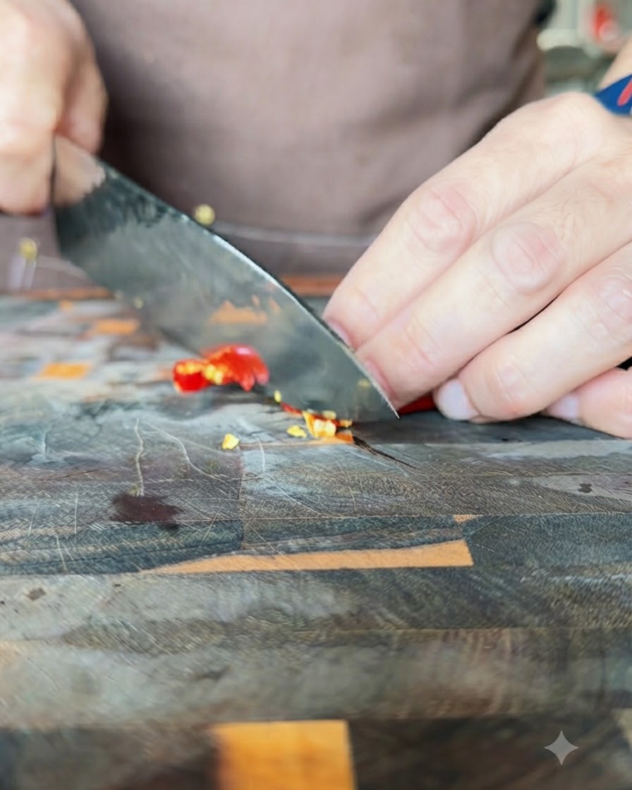 Un coltello da cucina che affetta peperoncini rossi e verdi freschi su un tagliere di legno.