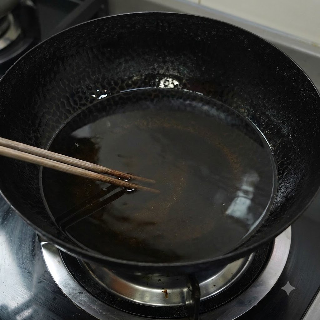 Un grande wok nero pieno di olio caldo e bacchette di legno appoggiate allinterno durante il processo di frittura.