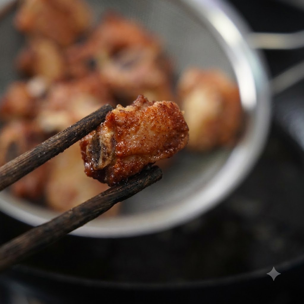 Un pezzo croccante di costina di maiale fritto tenuto in alto con le bacchette di legno con un colino di costine fritte sullo sfondo sfocato.