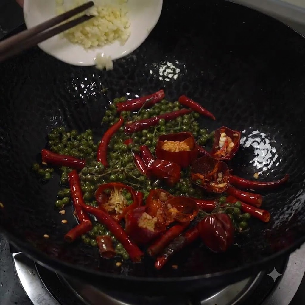 Aglio tritato aggiunto da un piccolo piatto bianco in un wok caldo contenente pepe verde e peperoncini secchi.