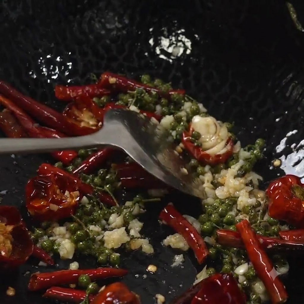 Una spatola di metallo che mescola le costine di maiale fritte insieme al pepe verde, peperoncini rossi secchi e aglio tritato in un wok.