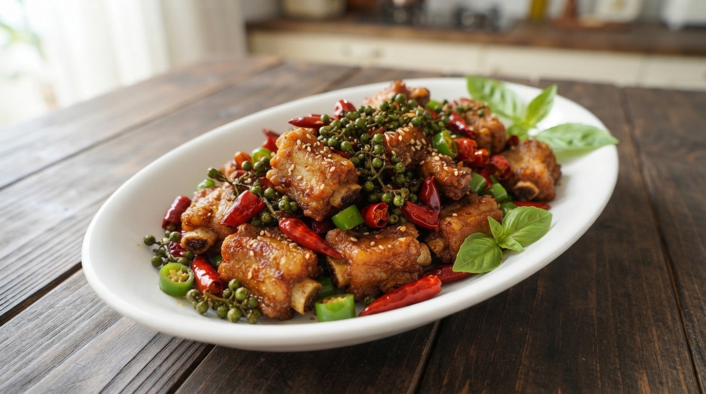 Costine di maiale fritte dorate saltate con pepe verde di Sichuan, fettine di peperoncino fresco e peperoncini rossi secchi su un piatto bianco