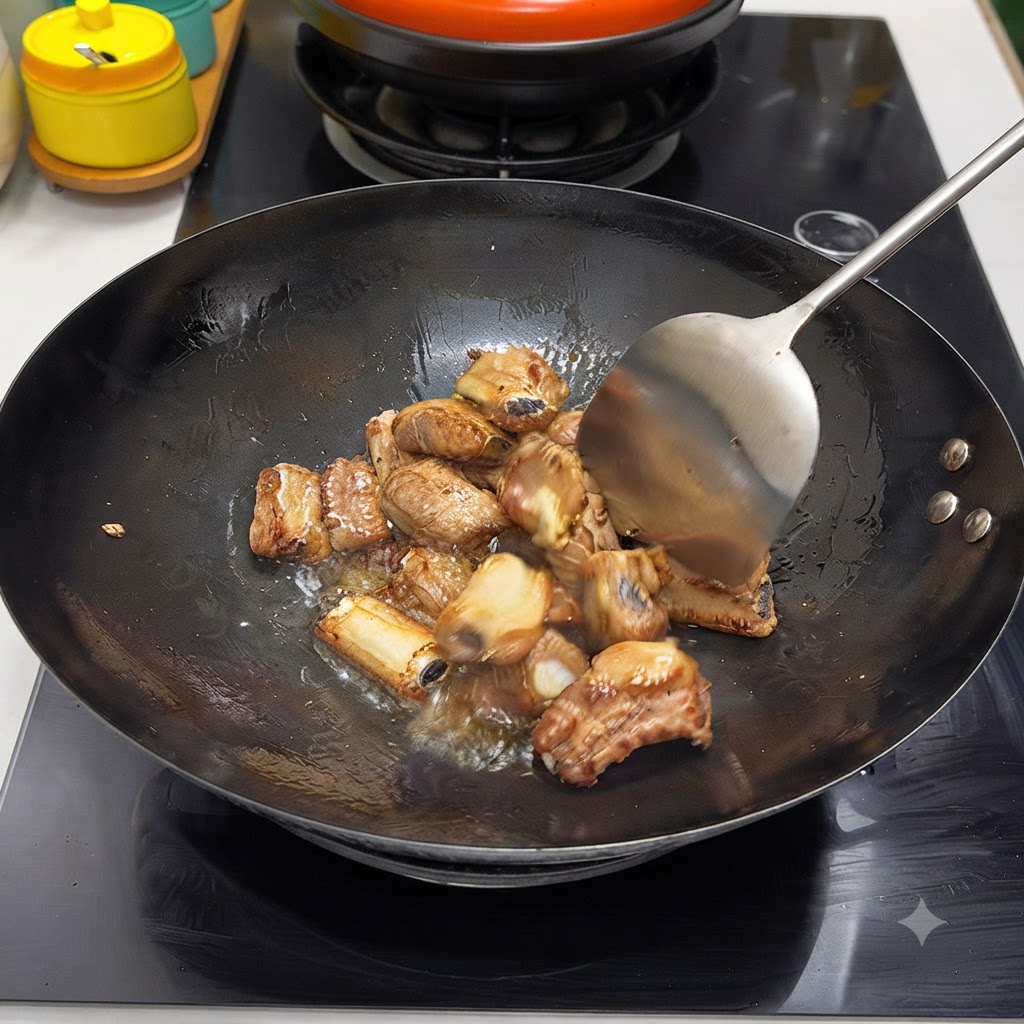 Costine di maiale saltate in un wok con una spatola di metallo.