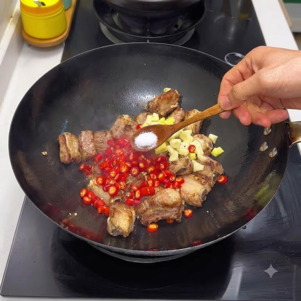 Un cucchiaio di sale aggiunto alle costine di maiale in un wok insieme a peperoncini rossi tritati e aglio.