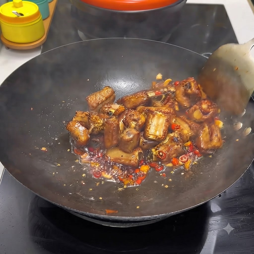 Costine di maiale condite che sobbollono nel liquido dentro un wok mescolate con una spatola.