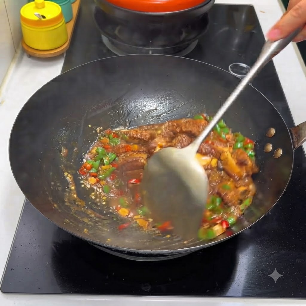 Mescolanza di costine di maiale mescolate con peperoncini verdi e rossi e salsa in un wok.
