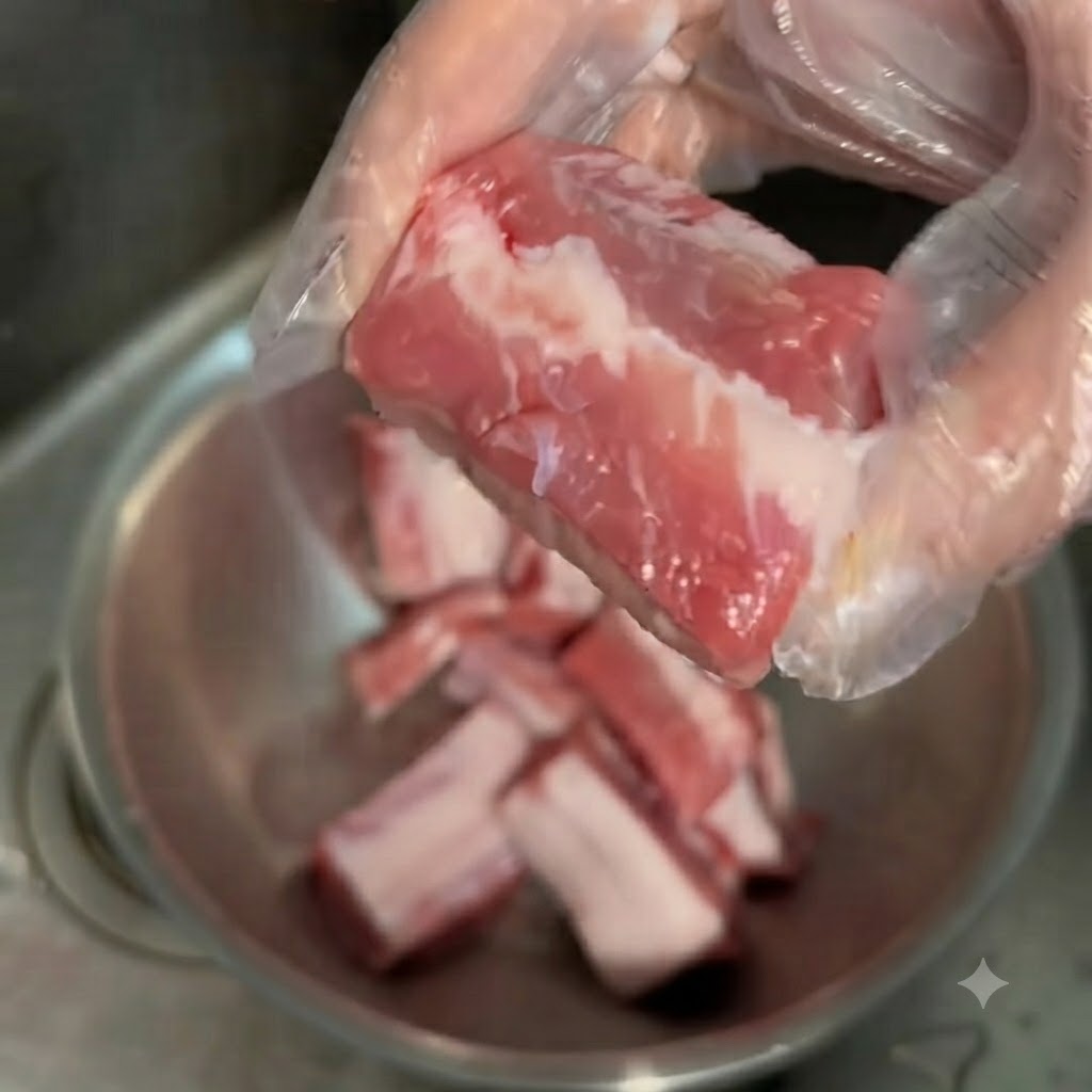 Pezzi di costine di maiale lavati con farina e acqua allinterno di una ciotola di miscelazione in acciaio inossidabile.