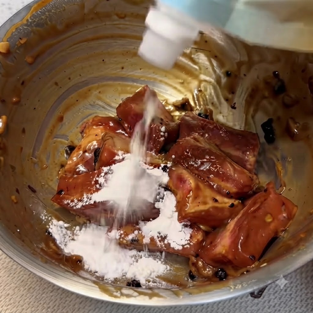Fecola di patate versata direttamente da un flacone strizzabile sulle costine di maiale marinate in una ciotola di metallo.