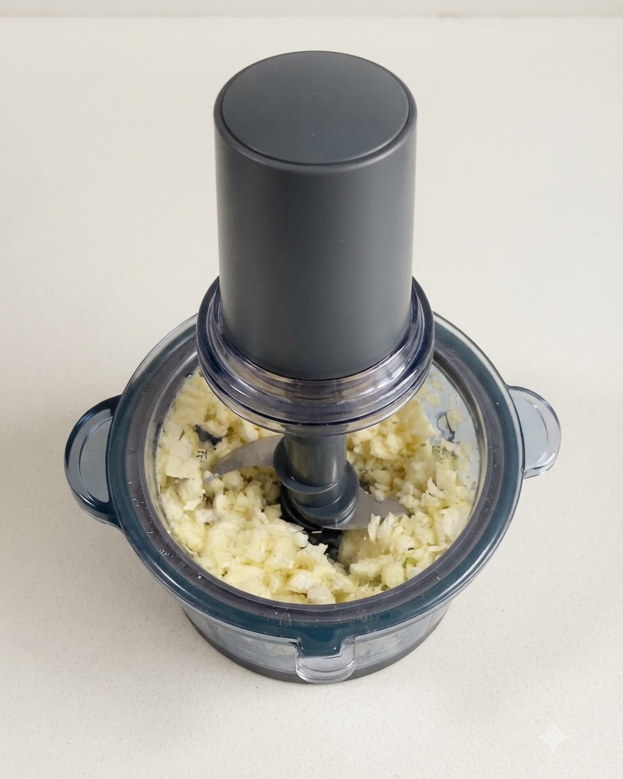 Spicchi daglio pelati ridotti in un trito fine allinterno di un piccolo robot da cucina elettrico.
