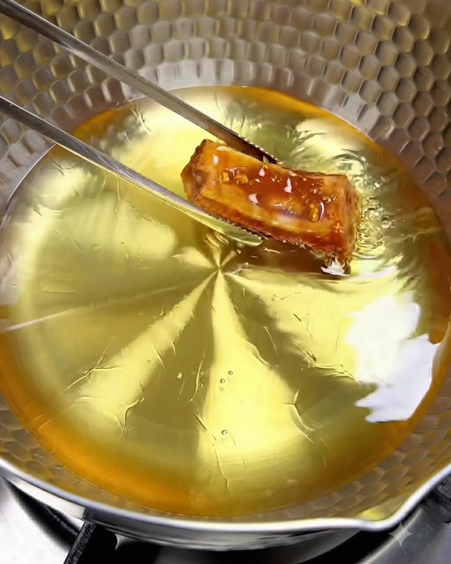 Una costina di maiale marinata inserita nellolio caldo di una padella di metallo usando le pinze.
