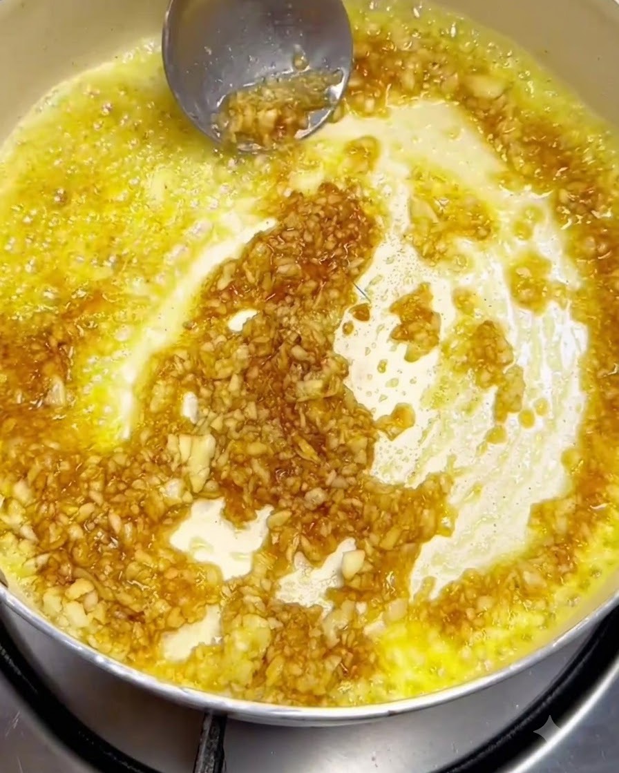 Aglio tritato e ingredienti della salsa mescolati nel burro fuso in una padella usando un mestolo di metallo.