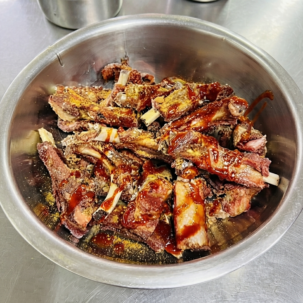 Salsa rossa versata da un flacone dosatore su una ciotola di costine di maiale fritte.