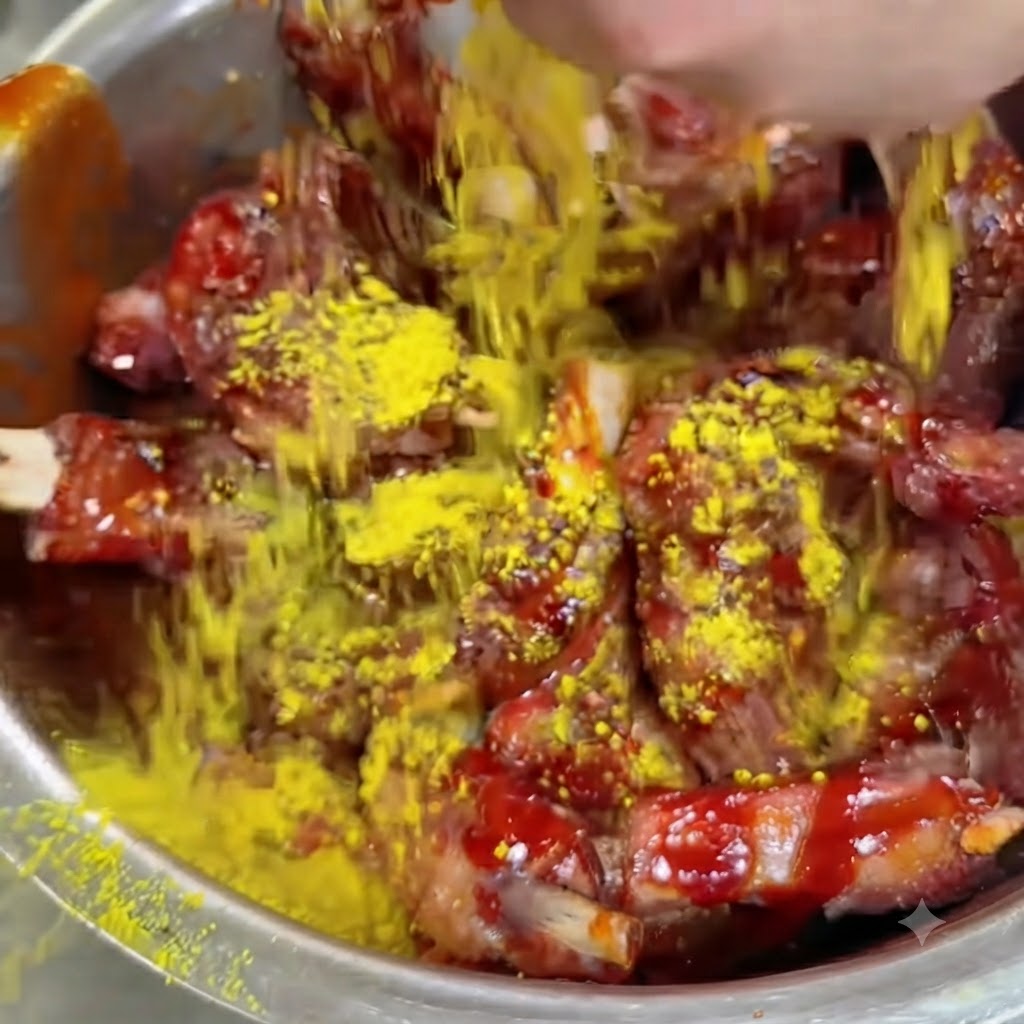 Polvere di condimento gialla cosparsa sulle costine di maiale ricoperte di salsa in una ciotola.