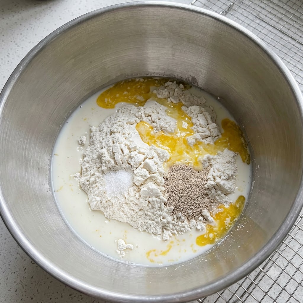 Latte, uova, lievito e zucchero versati sulla farina allinterno di una ciotola in acciaio inossidabile.
