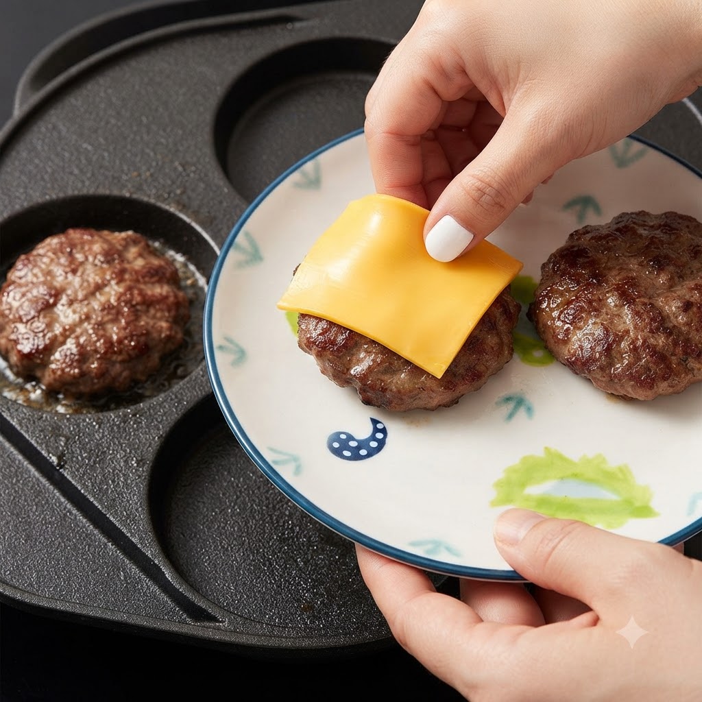 Una mano che posiziona una fetta di formaggio giallo quadrato su un hamburger cotto su un piatto decorato.