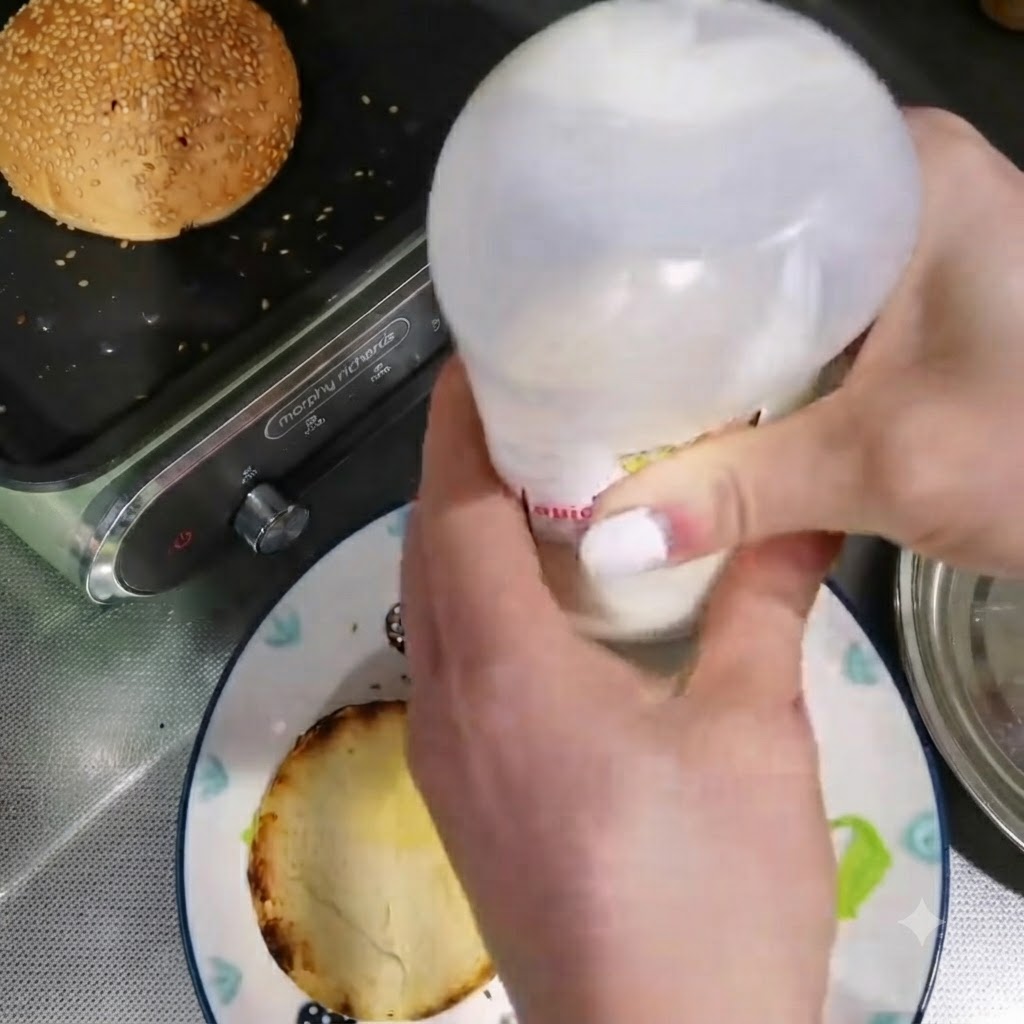 Spremitura di maionese da un flacone su una metà di panino tostato sopra un piatto.