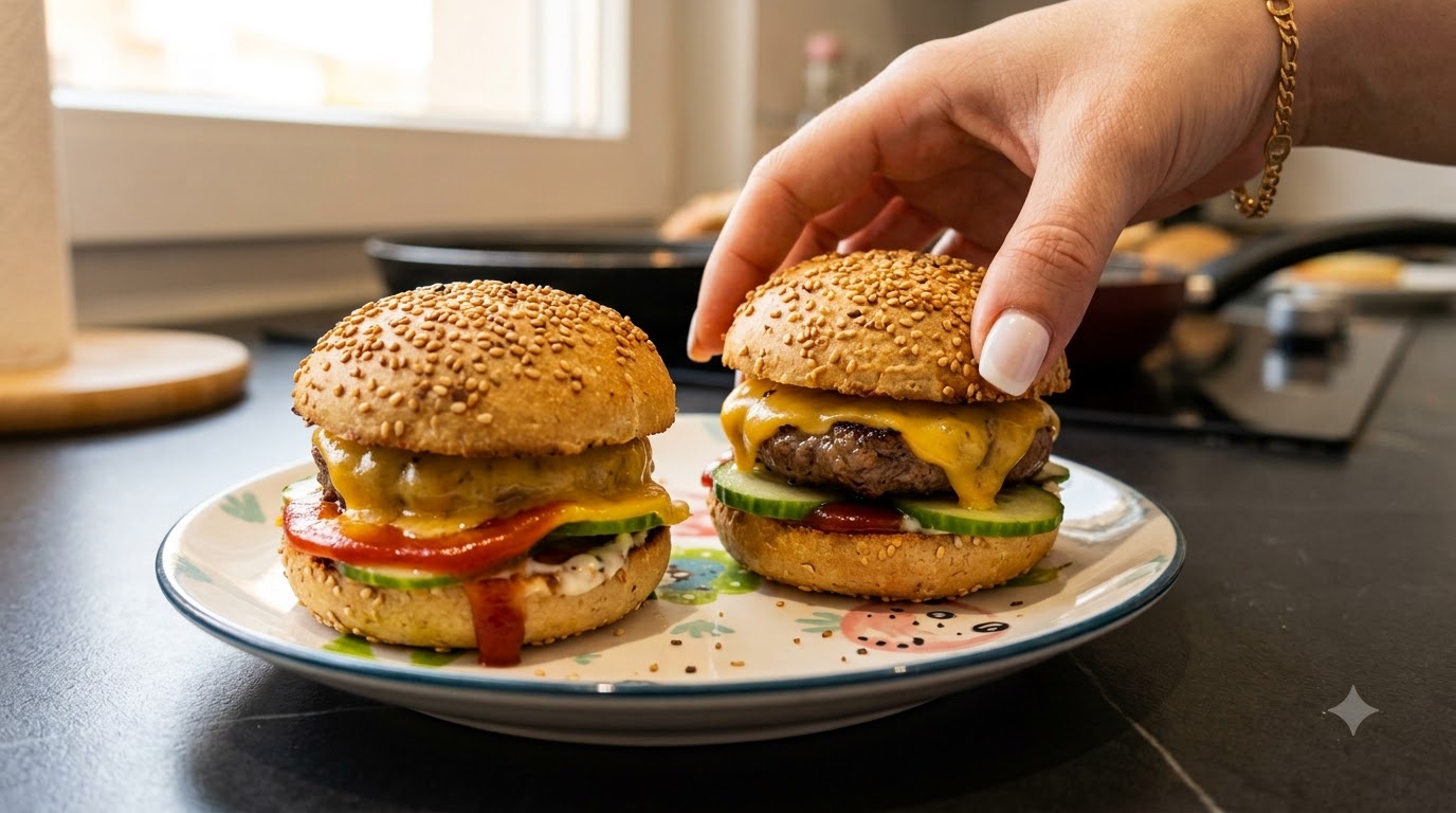 Due mini cheeseburger fatti in casa su un piatto decorato, con uno tenuto in mano.