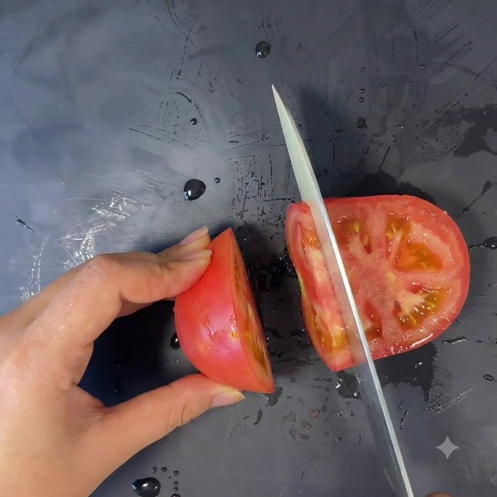 Un pomodoro che viene tagliato a fette con un coltello ceramico bianco su una superficie scura.