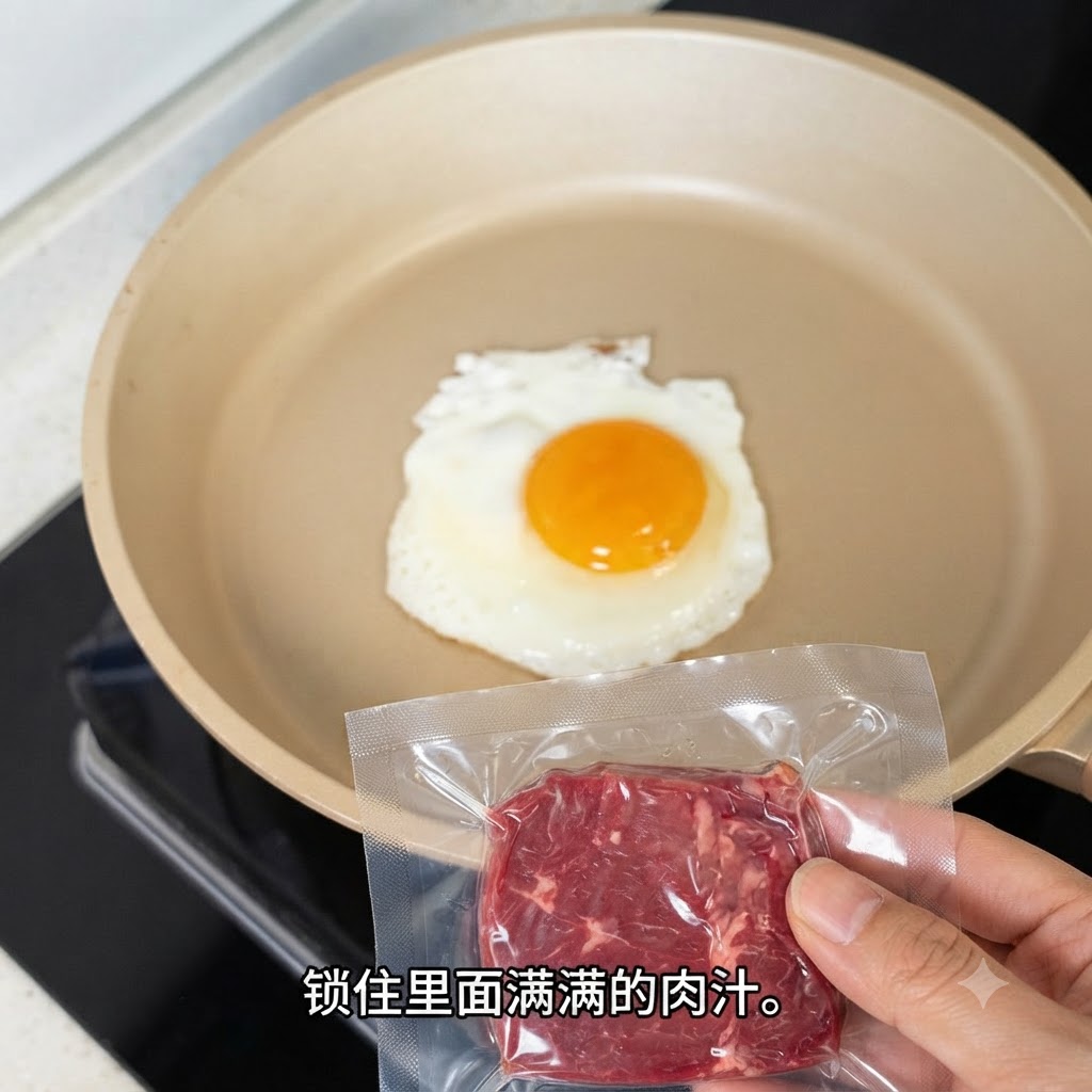 Un hamburger di Angus confezionato tenuto sopra una padella contenente un uovo fritto.