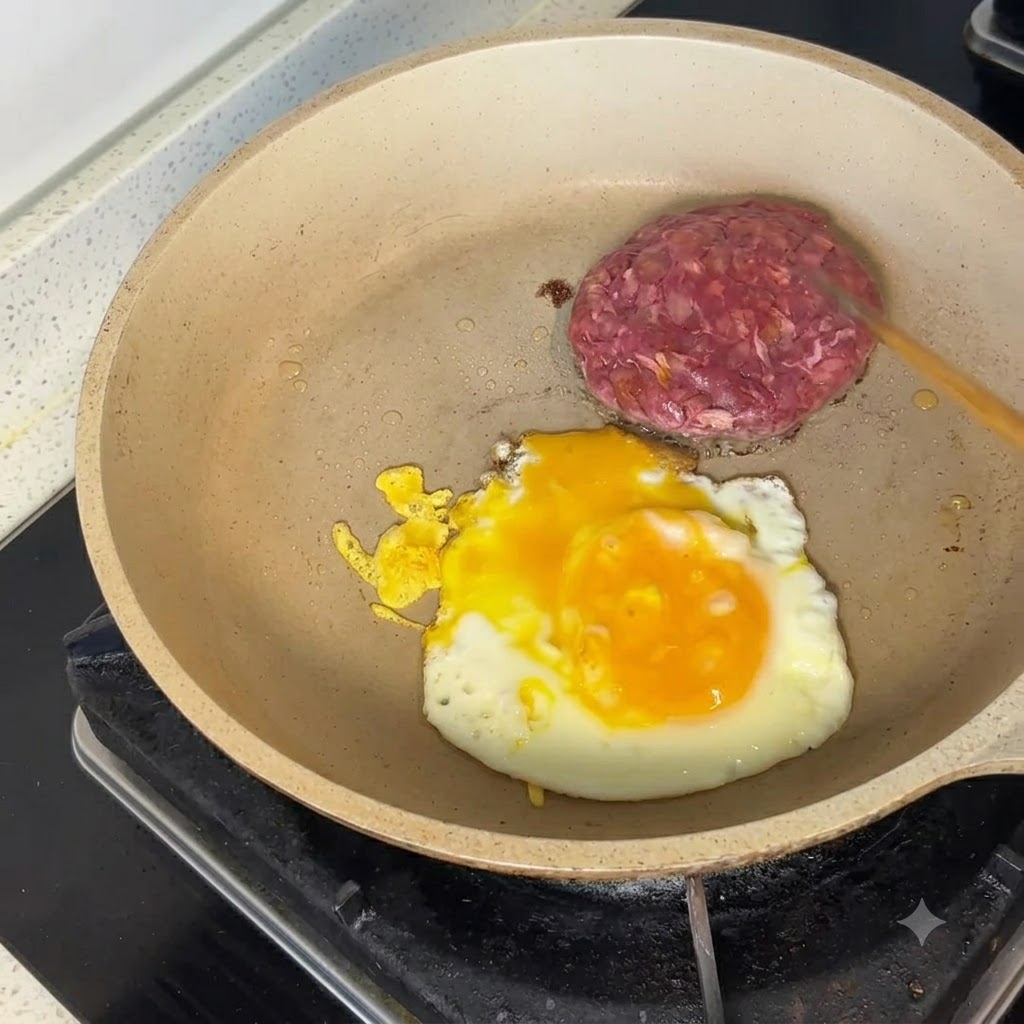 Un hamburger di Angus crudo e un uovo fritto che cuociono in padella con una spatola di legno vicina.