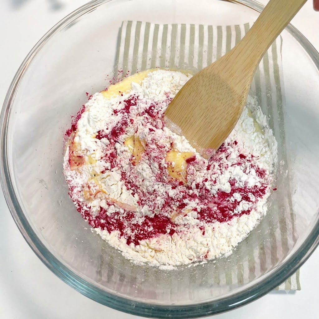 Ingredienti mescolati in un impasto rosa usando una spatola allinterno di una ciotola di vetro.