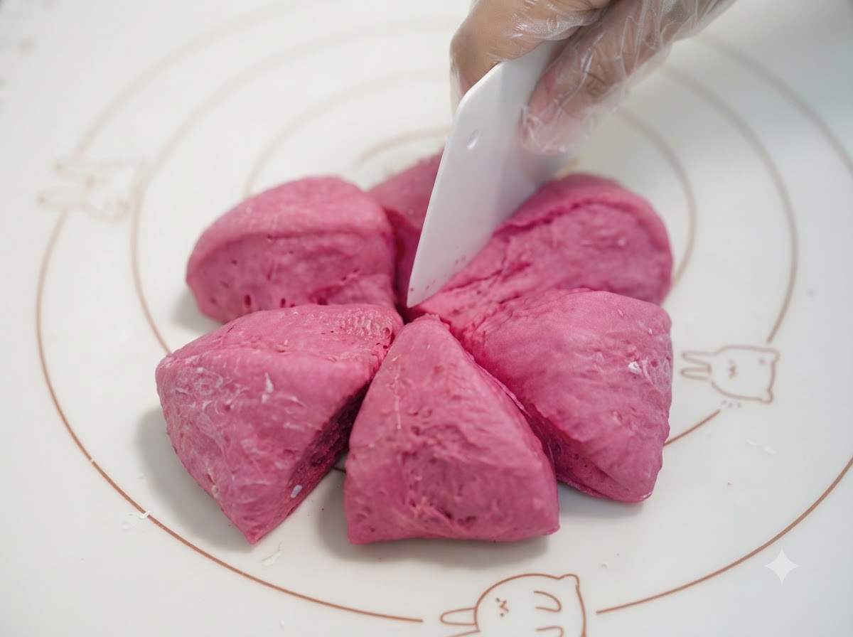 Impasto rosa tagliato e diviso in 6 porzioni uguali con un tagliapasta.