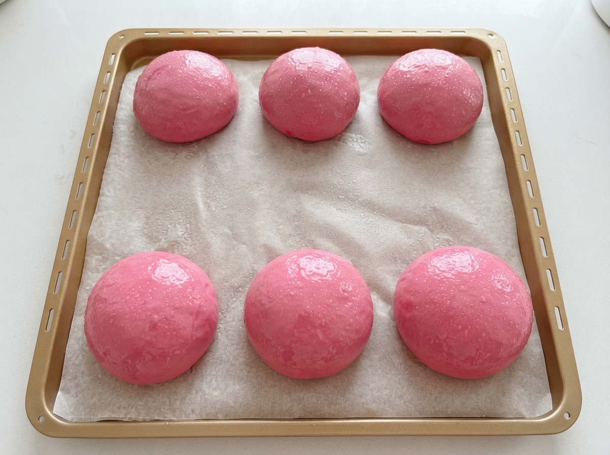 Superficie dei panini di pasta rosa lievitati spruzzata con acqua e cosparsa di semi di sesamo.