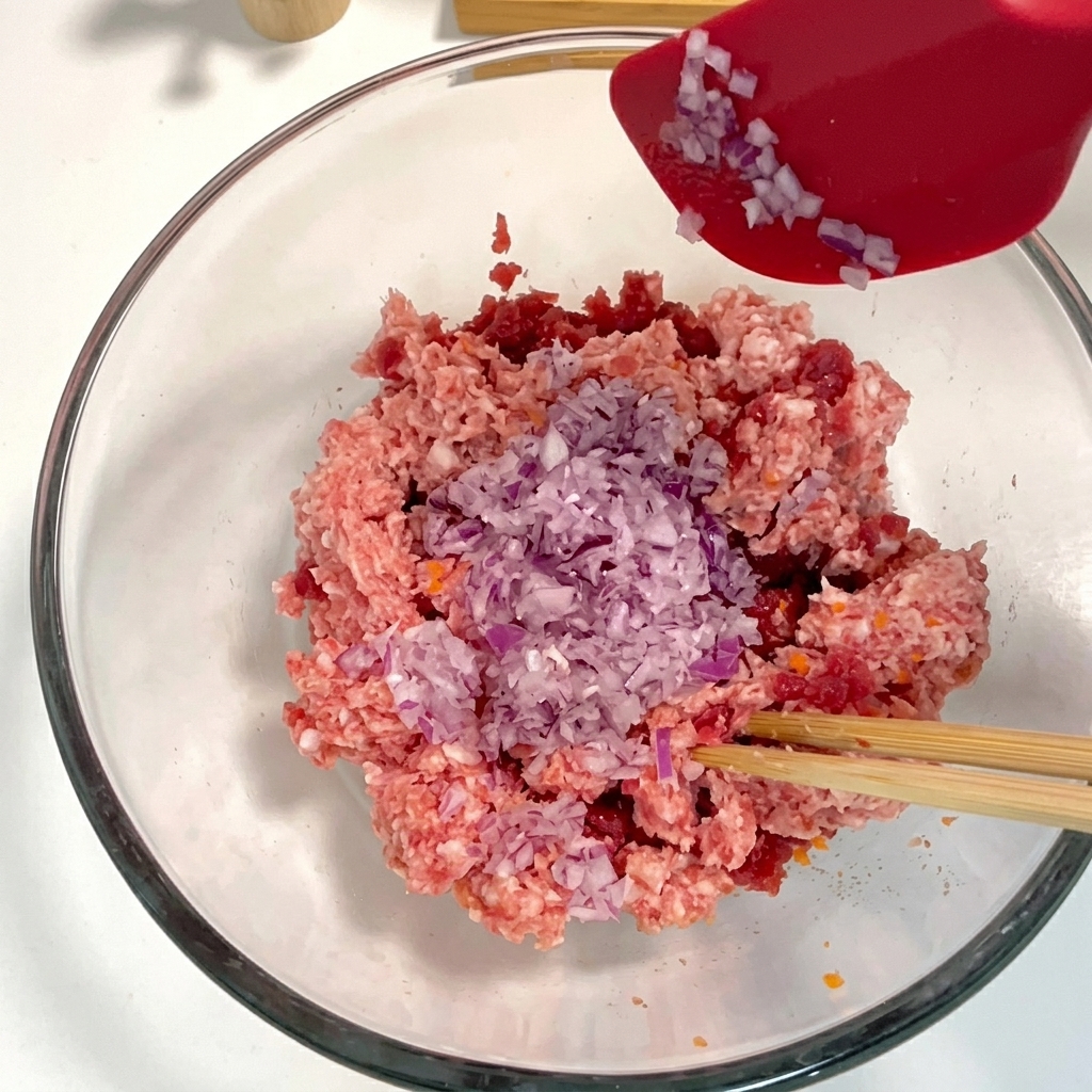 Una spatola in silicone rossa che raschia cipolle tritate viola dalla sua superficie direttamente in una ciotola di carne e verdure tritate.