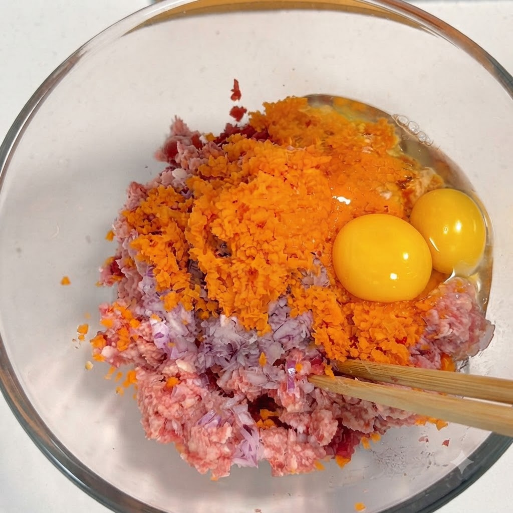 Due tuorli duovo crudi interi posizionati sopra carote arancioni grattugiate, cipolle viola e carne macinata allinterno di una ciotola di vetro trasparente.