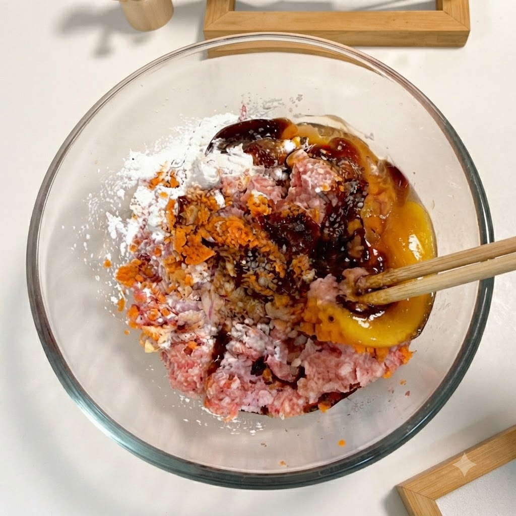 Un paio di bacchette di legno che mescolano salse scure, amido bianco e altri ingredienti nel composto di carne e verdure allinterno di una ciotola di vetro.