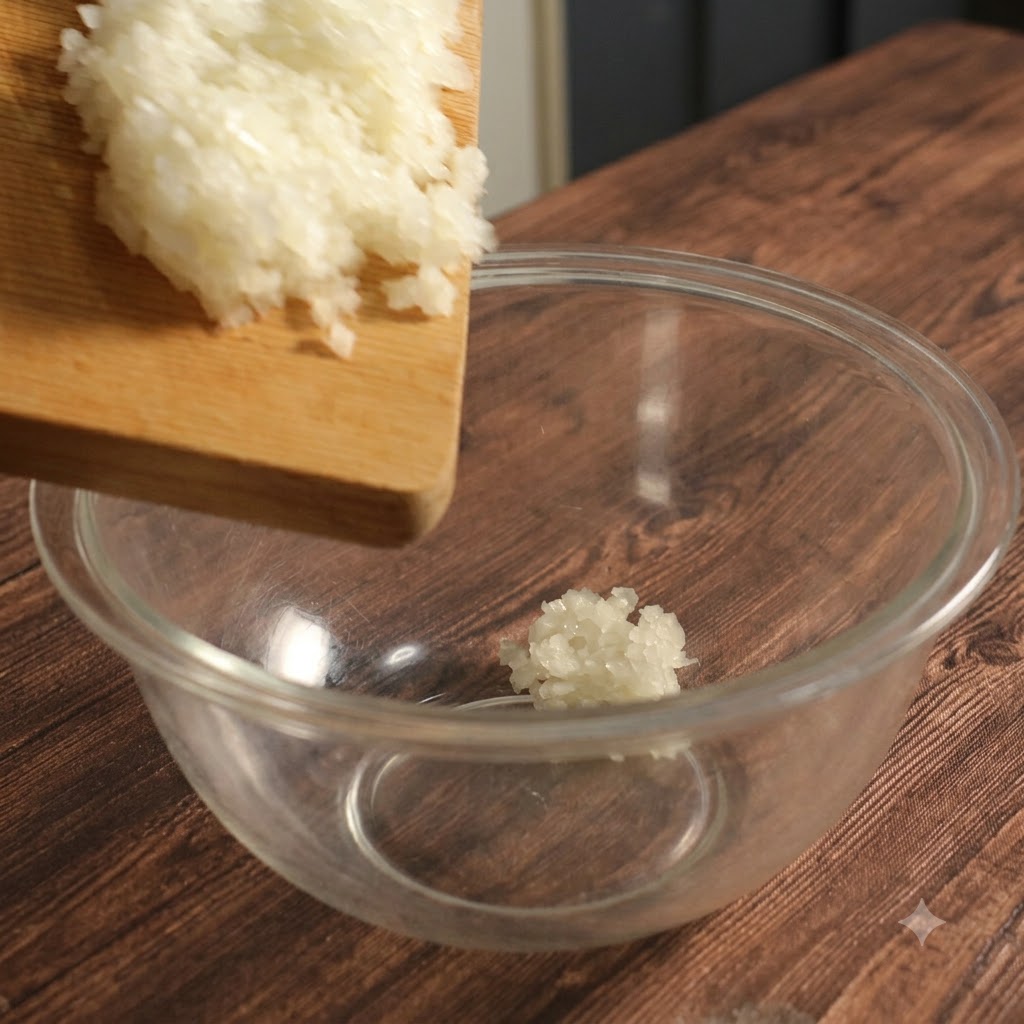 Cipolle tritate allinterno di una ciotola di vetro trasparente coperta ermeticamente con pellicola trasparente pronte per il microonde.