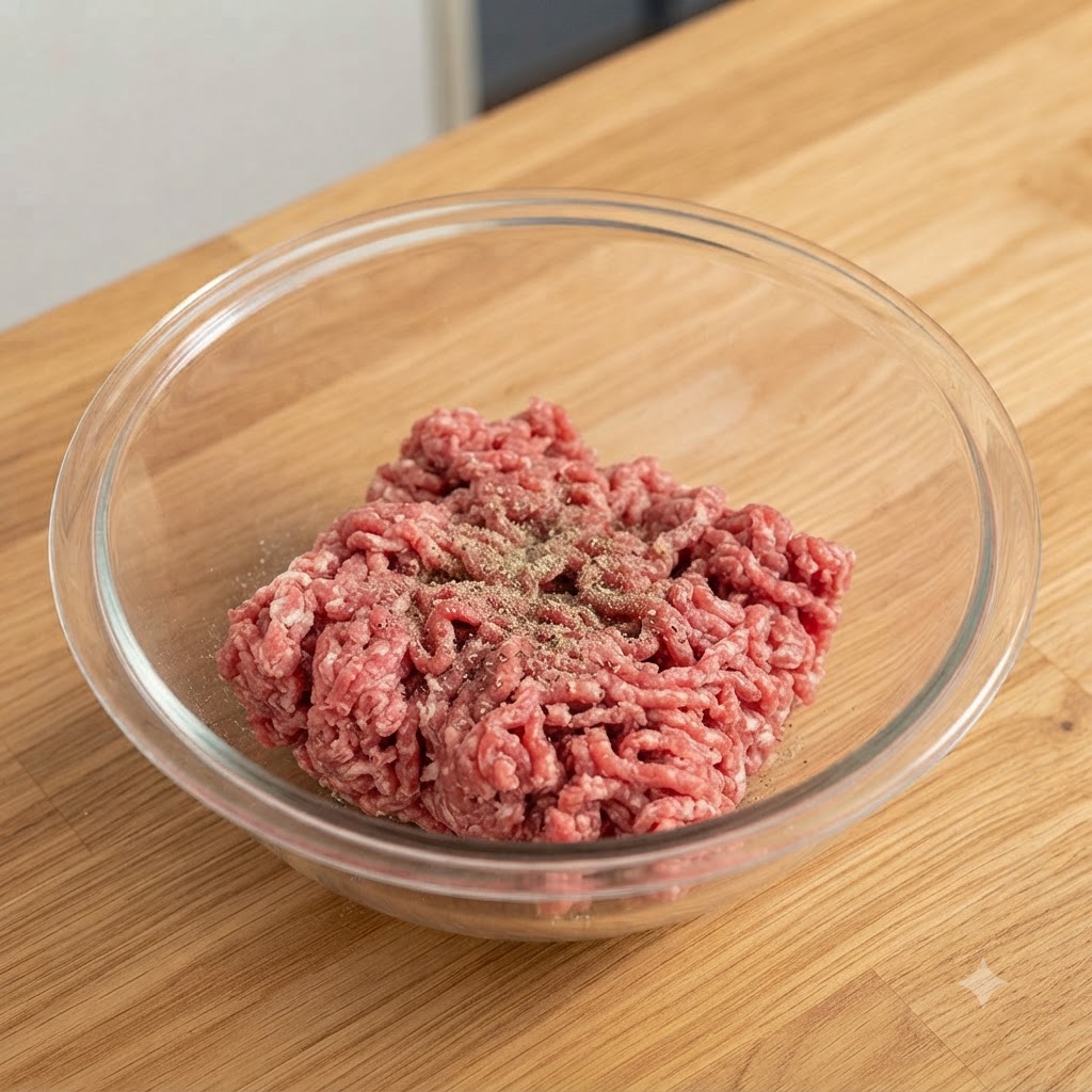 Carne macinata in una ciotola di vetro mescolata con pepe bianco, uovo e pezzi di cipolla ammorbidita.