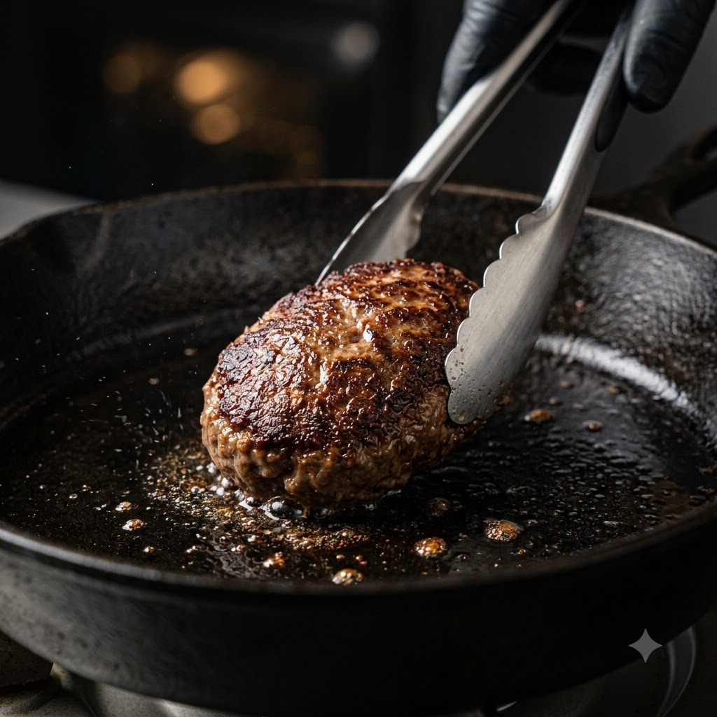 Un hamburger di carne sagomato che cuoce e si dora in una padella di ghisa calda manipolato con pinze da cucina.