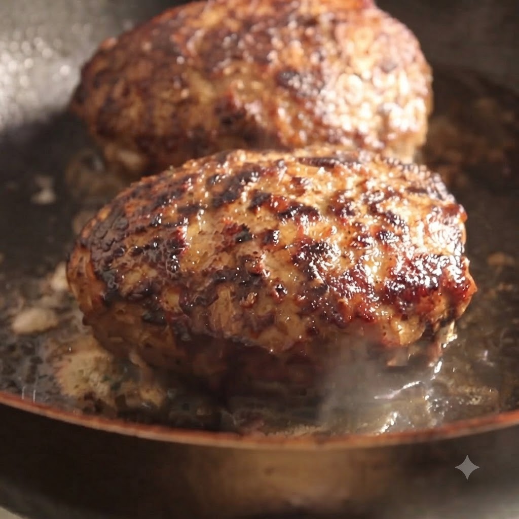 Hamburger di carne in cottura in una padella con acqua che produce vapore sotto un coperchio di vetro.
