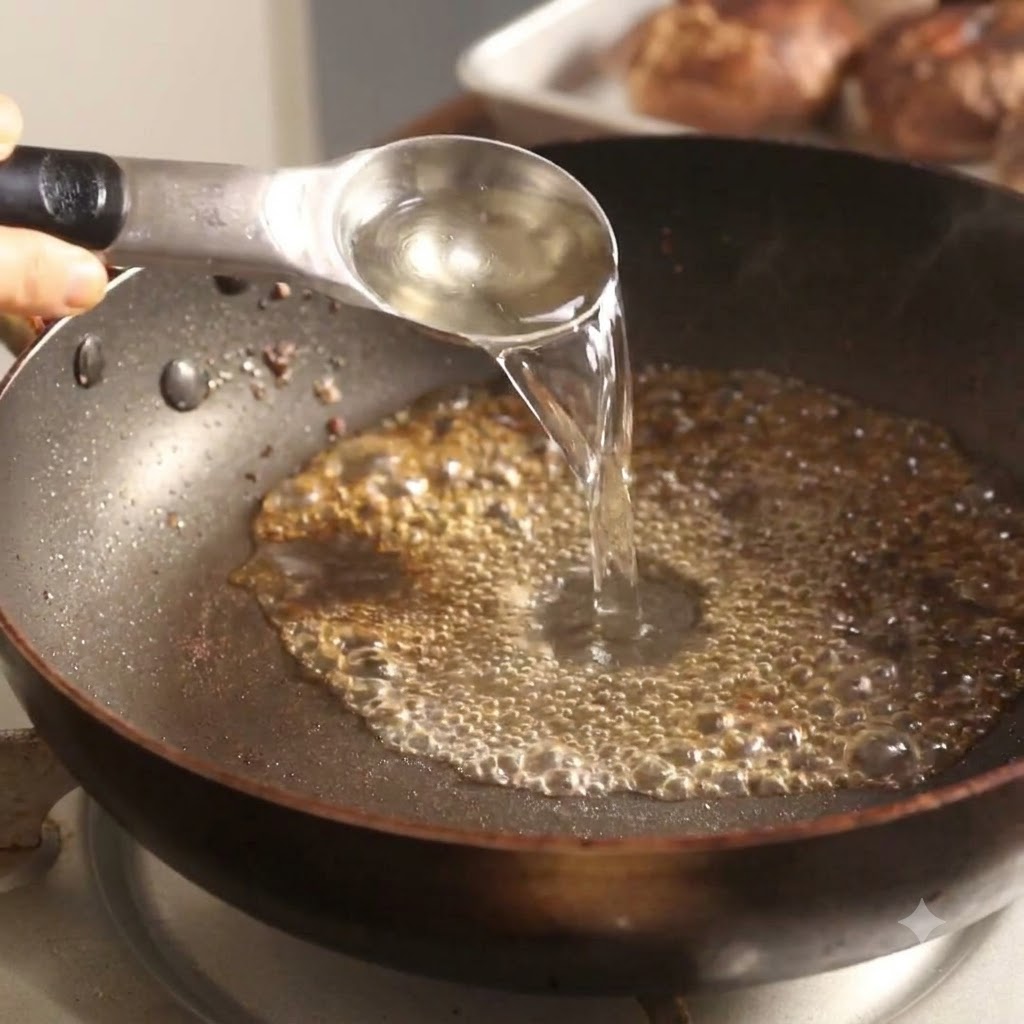 Il sakè versato da un cucchiaio dosatore in una padella calda con liquido in ebollizione.