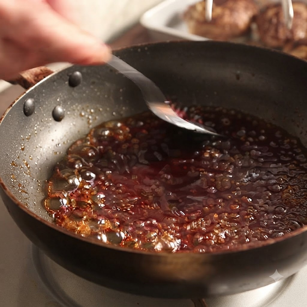 La crema di amido versata in una padella piena di salsa marrone bollente e mescolata con un cucchiaio.
