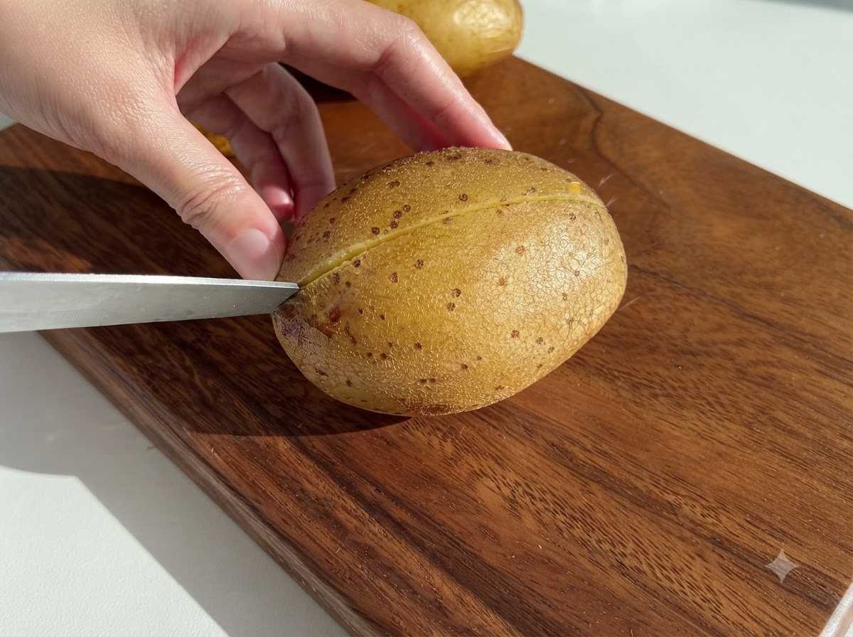 Linterno morbido di una patata cotta che viene scavato in una ciotola.