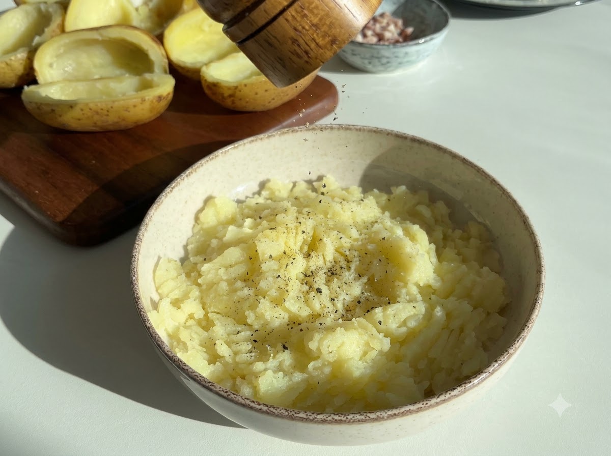 Pepe nero aggiunto su una ciotola di patate appena schiacciate.