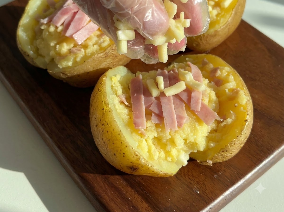 Una mano guantata che sparge formaggio grattugiato e prosciutto tritato sulle bucce di patata scavate e riempite.