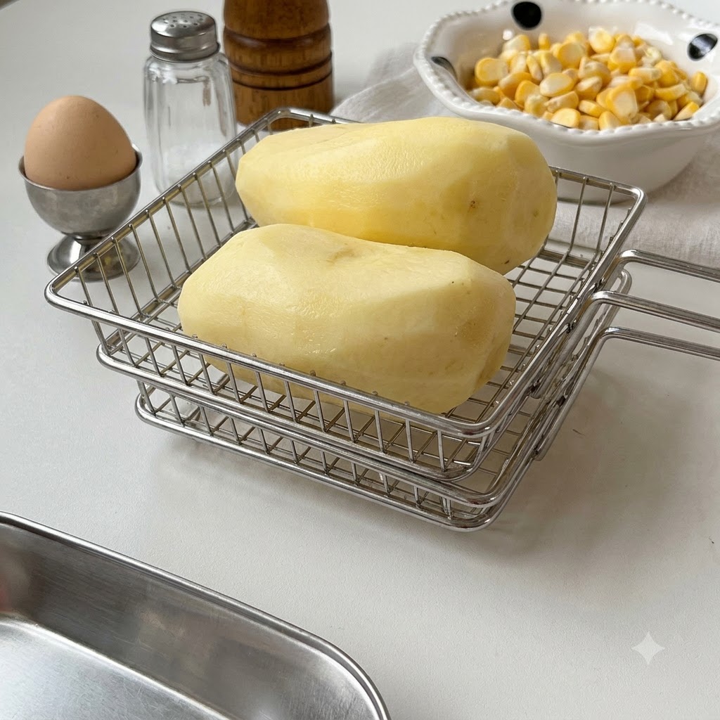 Patate crude sbucciate su una gratella accanto a una ciotola di mais dolce e un uovo intero su una superficie bianca.